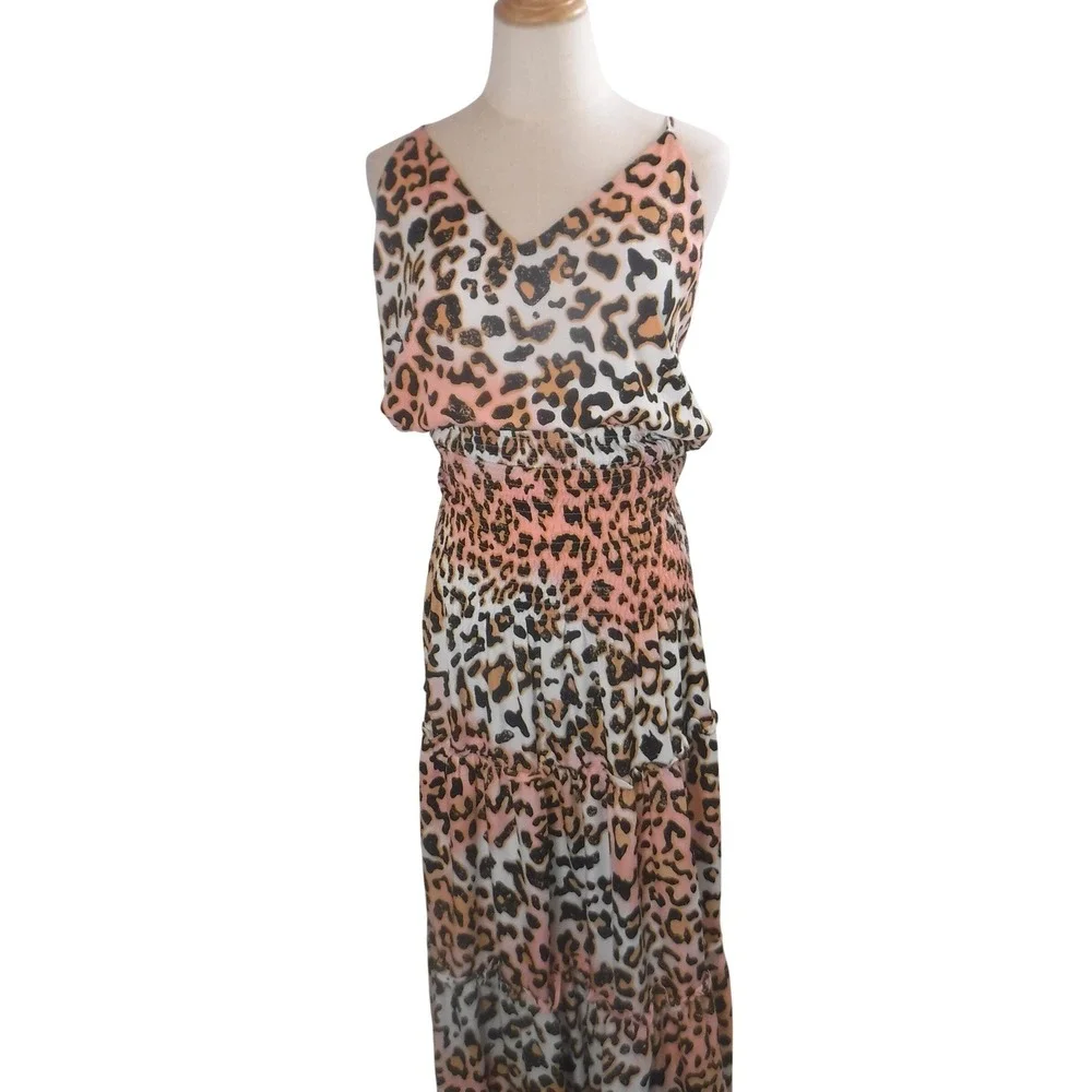 Buddy Love Leopard Print Maxi Dress Pink Orange Ombre Smocked Tiered Large NWT